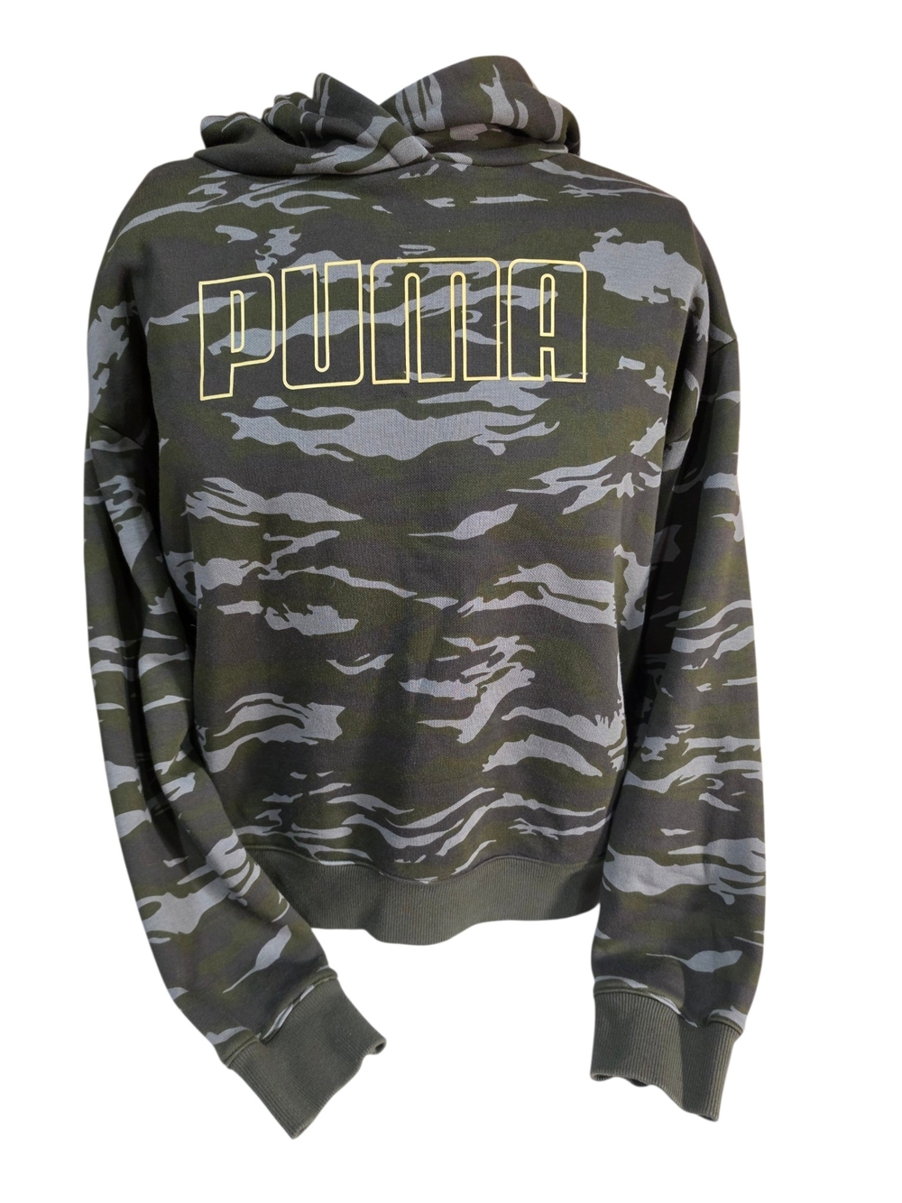 PUMA Women's Camo Logo Hoodie Sweatshirt Green Gray Size Small